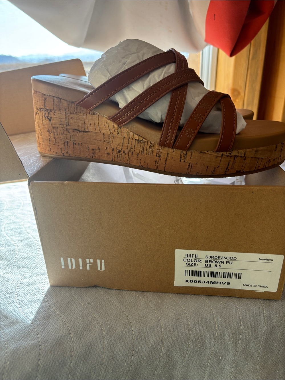 IDIFU Brown Cork Platform Wedge Sandals